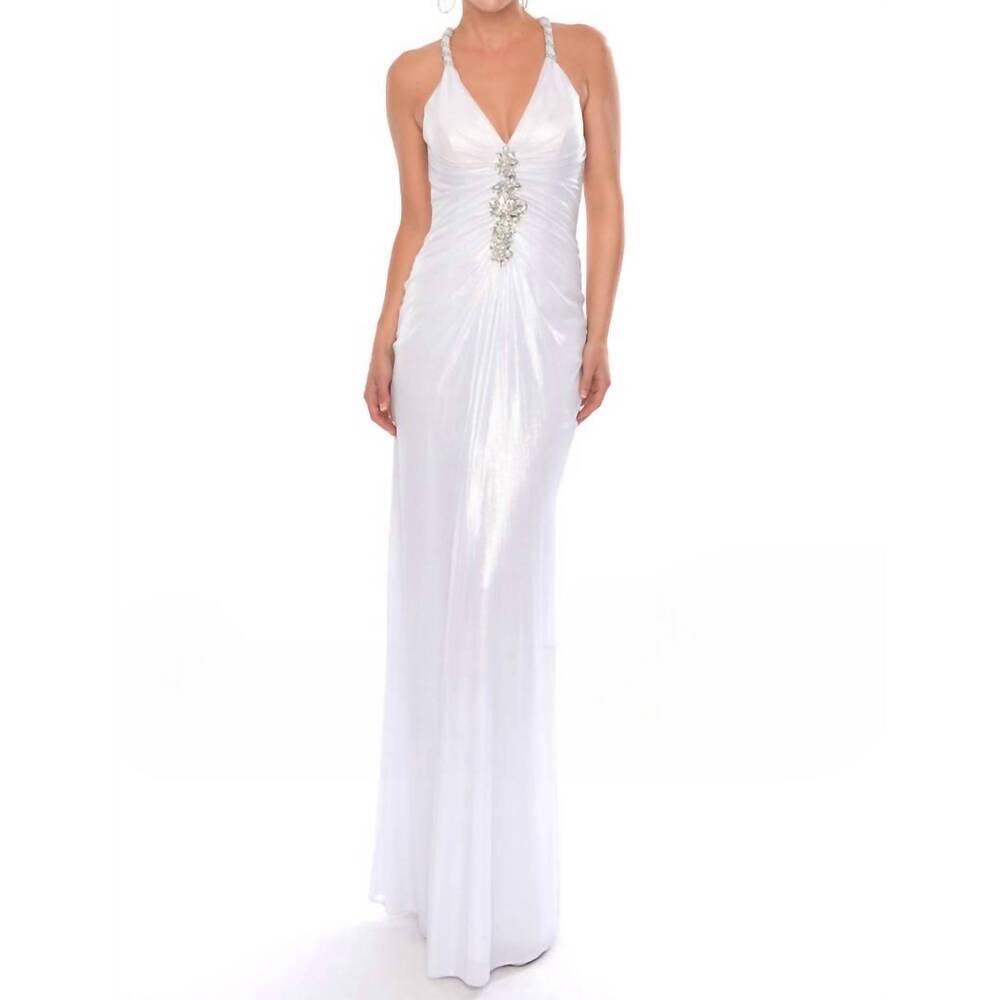 NEW PRECIOUS FORMALS diamond-adorned halter holographic evening gown in white sh